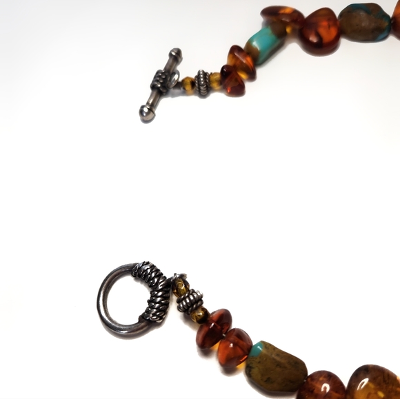 Turquoise And Amber Necklace, Vtg, Handmade Artisan, Sterling Toggle Closure - Picture 3 of 5